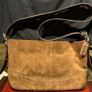 Coach Suede Shoulder Bag - Brown Suede with Brown Leather Strap.